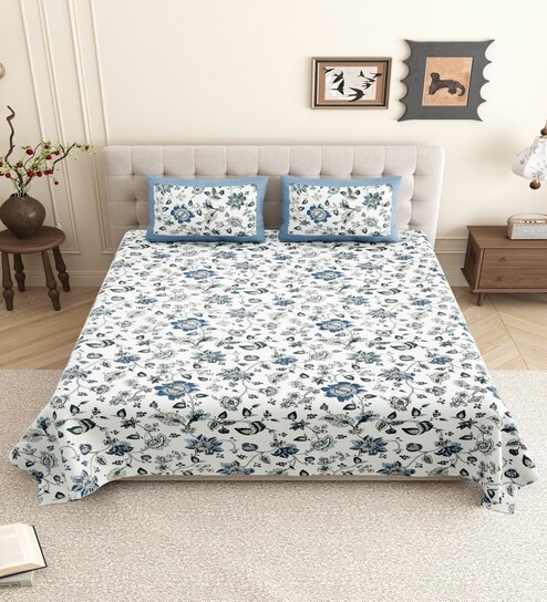 Blue Floral 144 TC Cotton King Size  King Size Bedsheet With 2 Pillow Cover