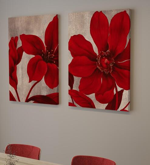 Floral Red Synthetic Wood (Set of 2) Art Panels