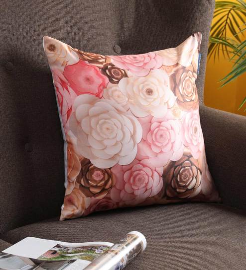 Pink Floral Satin 16 x 16 Inch Cushion Cover by Ambbi Collections
