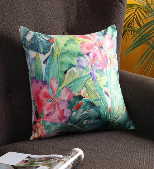 Green Florals Satin 16 x 16 Inches Cushion Cover