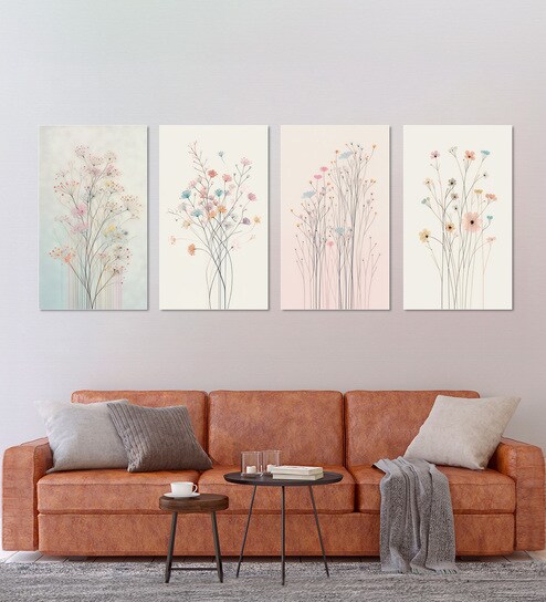 Floral Set of 4 Canvas Wall Painting White Frame