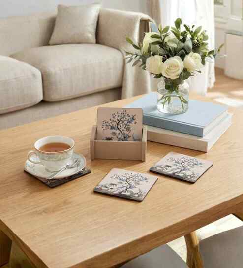 Floral Wooden Coaster Set of 6 with Stand