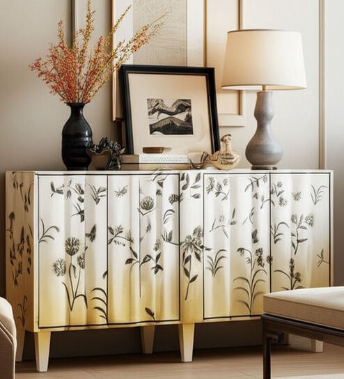 Floral Wooden Engraved Sideboard in White Finish