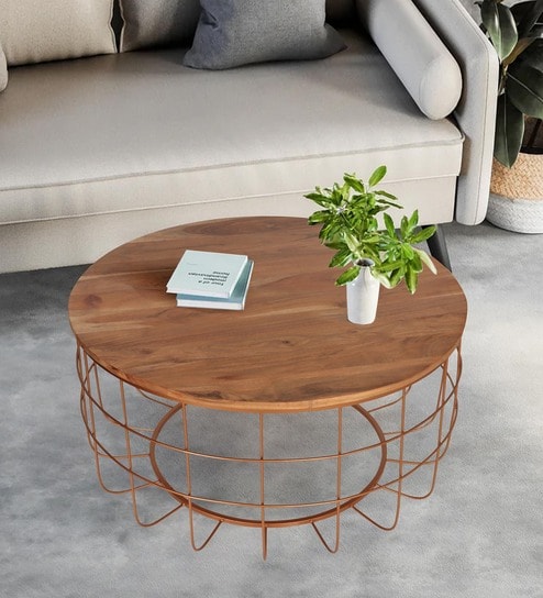 Florence 36 Inch Coffee Table in Teak & Gold Finish