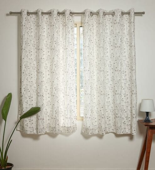 Florence Grey Cotton 230 GSM  Floral 5 Feet Room Darkening Eyelet Window Curtains (2 Pc)