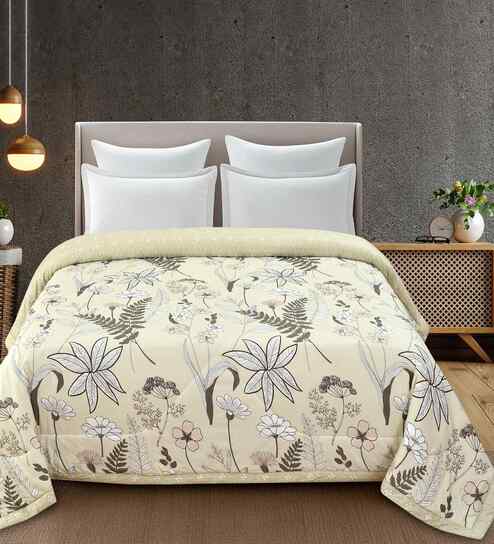 Florida 180 GSM Floral  Reversible All Season AC Comforter / Blanket / Quilt (Cream, 220x240 CM)