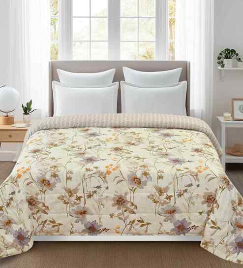 Florida 180 GSM Floral  Reversible All Season AC Comforter / Blanket / Quilt (Ivory, 220x240 CM)