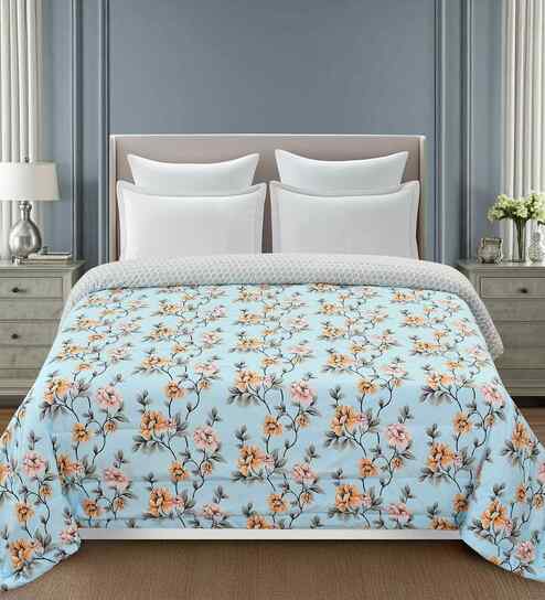Florida 180 GSM Floral  Reversible All Season AC Comforter / Blanket / Quilt (Sky Blue, 220x240 CM)