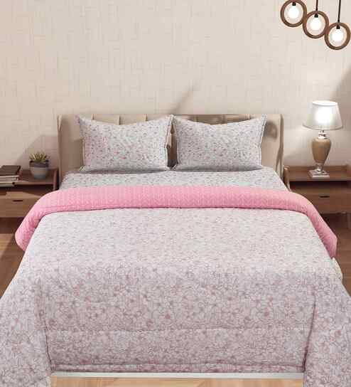 Florida Floral AC Comforter with King Bedsheet & 2 Pillow Covers | All Season | Reversible | Soft & Fluffy (White, 220x240 CM)