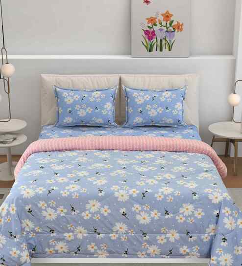 Florida Floral AC Comforter with King Bedsheet & 2 Pillow Covers | All Season | Reversible | Soft & Fluffy (Blue, 220x240 CM)
