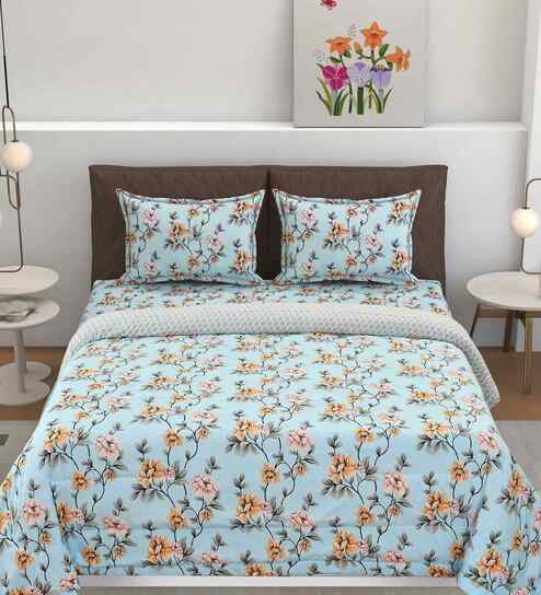 Florida Floral AC Comforter with King Bedsheet & 2 Pillow Covers | All Season | Reversible | Soft & Fluffy (Sky Blue, 220x240 CM)