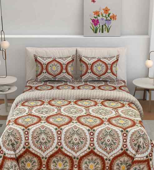 Florida Floral AC Comforter with King Bedsheet & 2 Pillow Covers | All Season | Reversible | Soft & Fluffy (Orange, 220x240 CM)