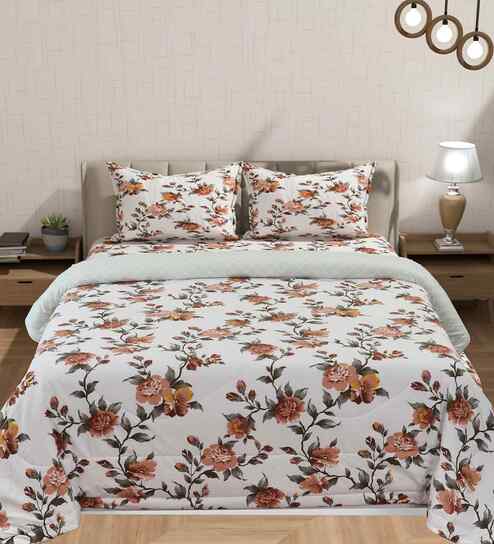 Florida Floral AC Comforter with King Bedsheet & 2 Pillow Covers | All Season | Reversible | Soft & Fluffy (Cream, 220x240 CM)