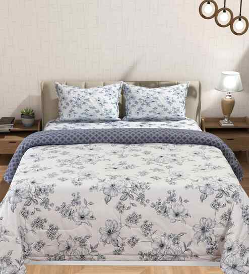 Florida Floral AC Comforter with King Bedsheet & 2 Pillow Covers | All Season | Reversible | Soft & Fluffy (Pearl, 220x240 CM)