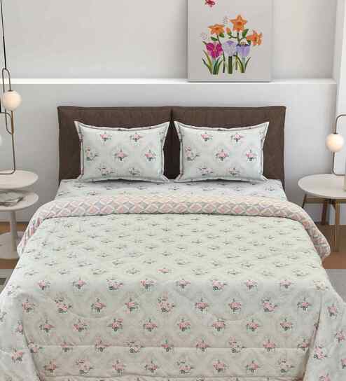 Florida Floral AC Comforter with King Bedsheet & 2 Pillow Covers | All Season | Reversible | Soft & Fluffy (Pink, 220x240 CM)