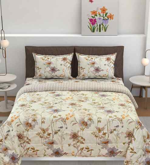 Florida Floral AC Comforter with King Bedsheet & 2 Pillow Covers | All Season | Reversible | Soft & Fluffy (Ivory, 220x240 CM)