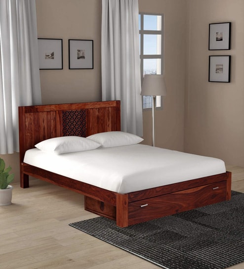 Buy Florito Solid Wood King Size Bed With Drawer Storage In Honey