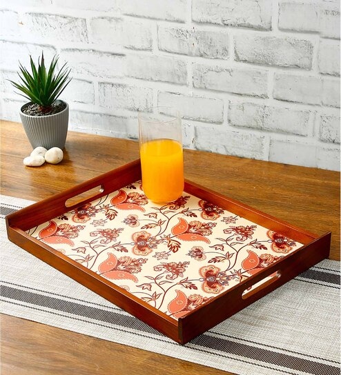 Flourish Tiled Brown Teak Wood & MDF Serving Tray Reinvention factory