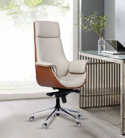 Flow Leatherette High Back Office Chair in Cream and Tan Colour