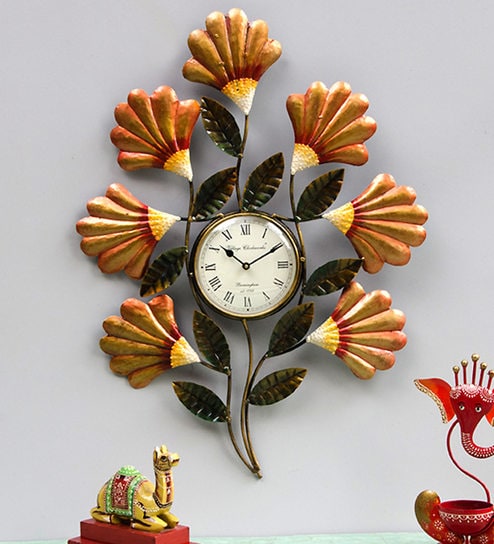 Flower Iron Clock In Gold