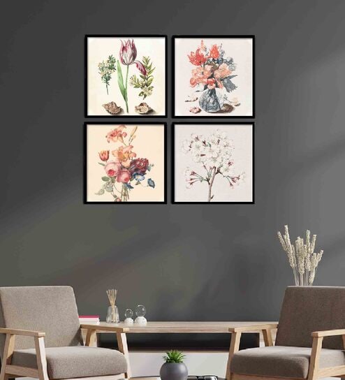 Themmercialie Orange Engineered Wood Framed Floral Art Print Set of 4