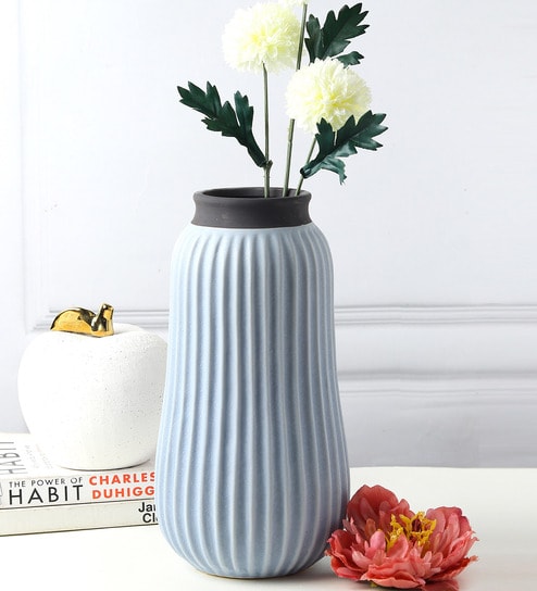 (1Pc) Blue Ceramic Flower Vase For Living Room Decor