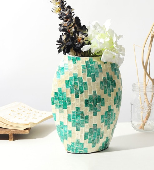 (1Pc) Blue Mother Of Pearl Decorative Vase For Living Room Decor
