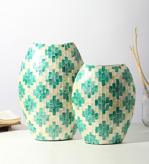 Set Of 2 Blue Mother Of Pearl Decorative Vase For Room Decor Aesthetic