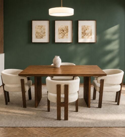 Flute Wooden 4 Seater Dining Table Set In Honey Gold Finish