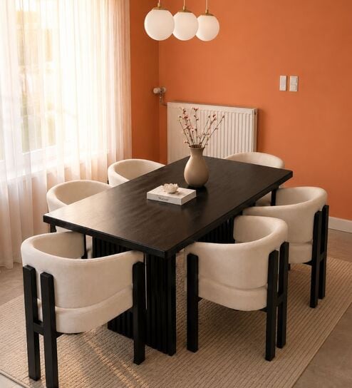 Flute Wooden 6 Seater Dining Table Set In Brown Finish