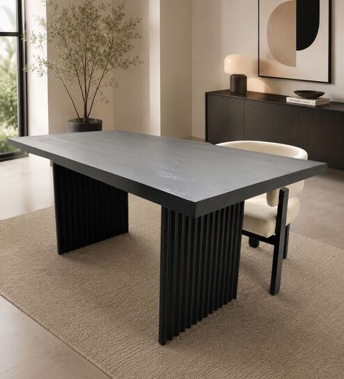 Flute Wooden 6 Seater Dining Table Set In Brown Finish