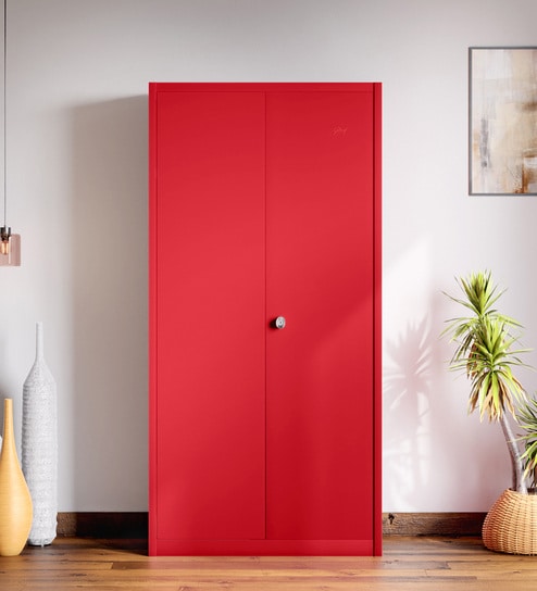 Flynn Textured 2-Door Metal Wardrobe in Carmine Red Finish