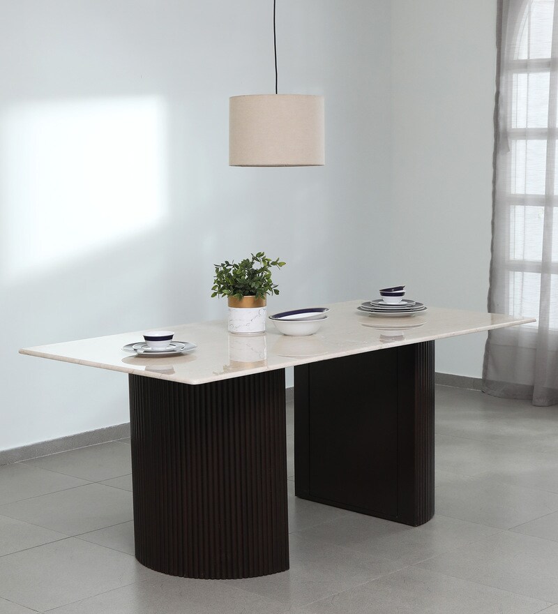 Buy Fluted 8 Seater Dining Table in Ply Wood Finish with Marble Top Online 8 Seater Dining