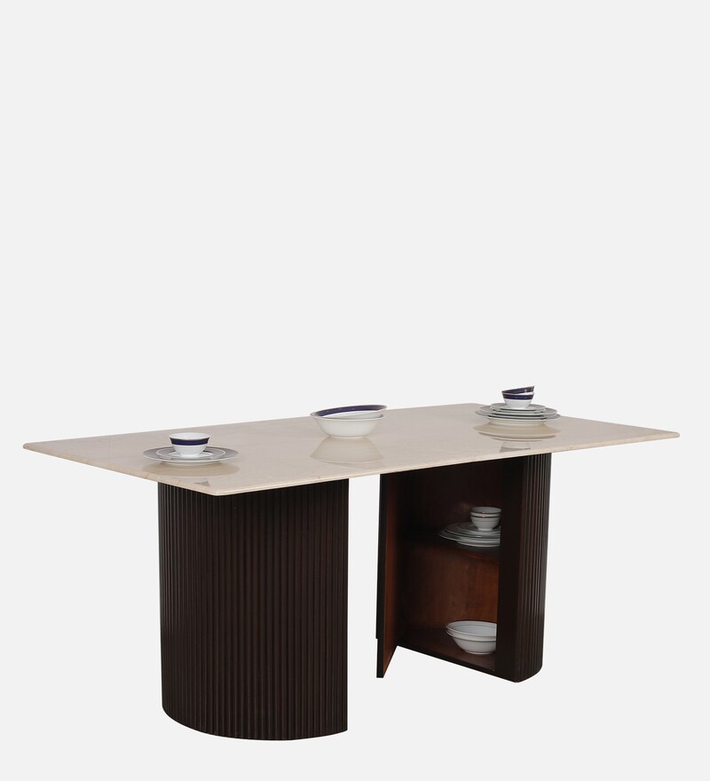 Buy Fluted 8 Seater Dining Table in Ply Wood Finish with Marble Top