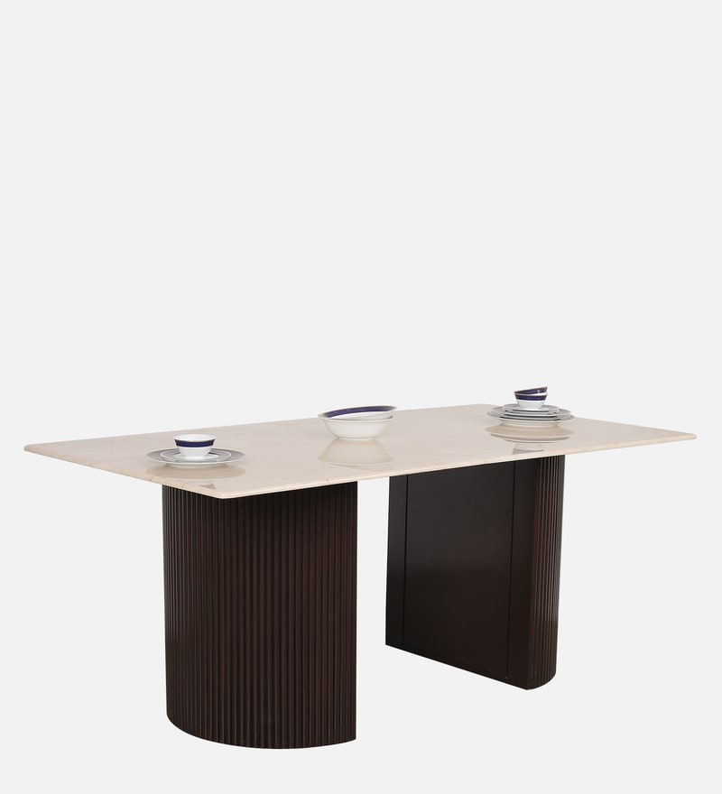 Buy Fluted 8 Seater Dining Table in Ply Wood Finish with Marble Top