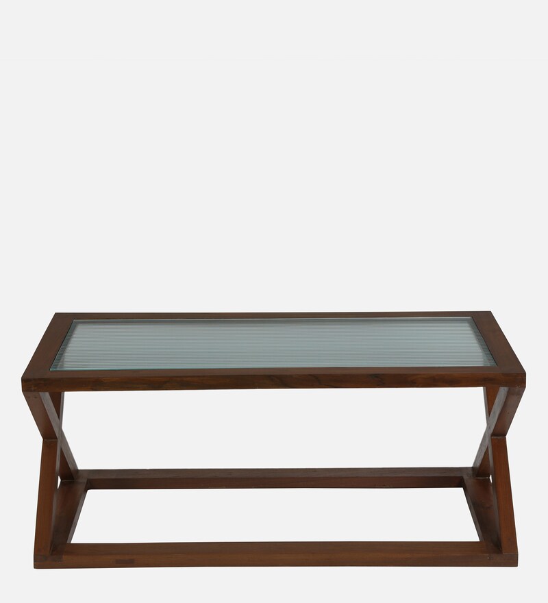 Buy Fluted Glass Coffee Table in Natual Teak Wood Finish by Crafted Marbles Online