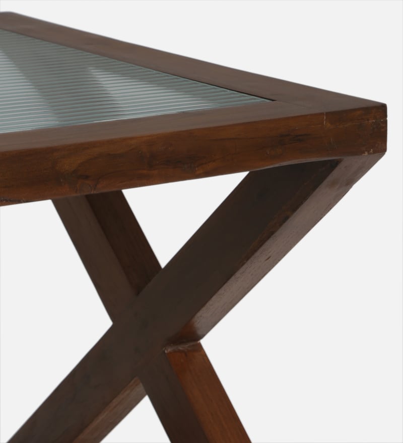 Buy Fluted Glass Coffee Table in Natual Teak Wood Finish by Crafted Marbles Online
