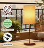 Flex Cylinder Fabric Shade Table Lamp, Brown Wooden Base Bedside & Desk Light for Bedroom, Living Room & Home Decor