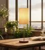 Flex Cylinder Fabric Shade Table Lamp, Brown Wooden Base Bedside & Desk Light for Bedroom, Living Room & Home Decor