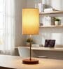 Flex Cylinder Fabric Shade Table Lamp, Brown Wooden Base Bedside & Desk Light for Bedroom, Living Room & Home Decor