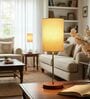 Flex Cylinder Fabric Shade Table Lamp, Brown Wooden Base Bedside & Desk Light for Bedroom, Living Room & Home Decor