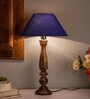 Floral Carved Black Wood Table Lamp With Blue Shade