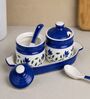 Blue Floral Print Ceramic Barni Set 250ML Kitchen Storage Jars with Tray & Spoon