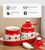 Red Floral Print Ceramic Barni Set 250ML Kitchen Storage Jars with Tray & Spoon