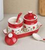 Red Floral Print Ceramic Barni Set 250ML Kitchen Storage Jars with Tray & Spoon