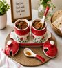Red Floral Print Ceramic Barni Set 250ML Kitchen Storage Jars with Tray & Spoon