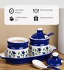 Blue Floral Print Ceramic Barni Set 250ML Kitchen Storage Jars with Tray & Spoon