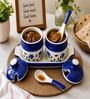 Blue Floral Print Ceramic Barni Set 250ML Kitchen Storage Jars with Tray & Spoon