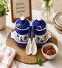 Blue Floral Print Ceramic Barni Set 250ML Kitchen Storage Jars with Tray & Spoon