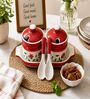 Red Floral Print Ceramic Barni Set 250ML Kitchen Storage Jars with Tray & Spoon